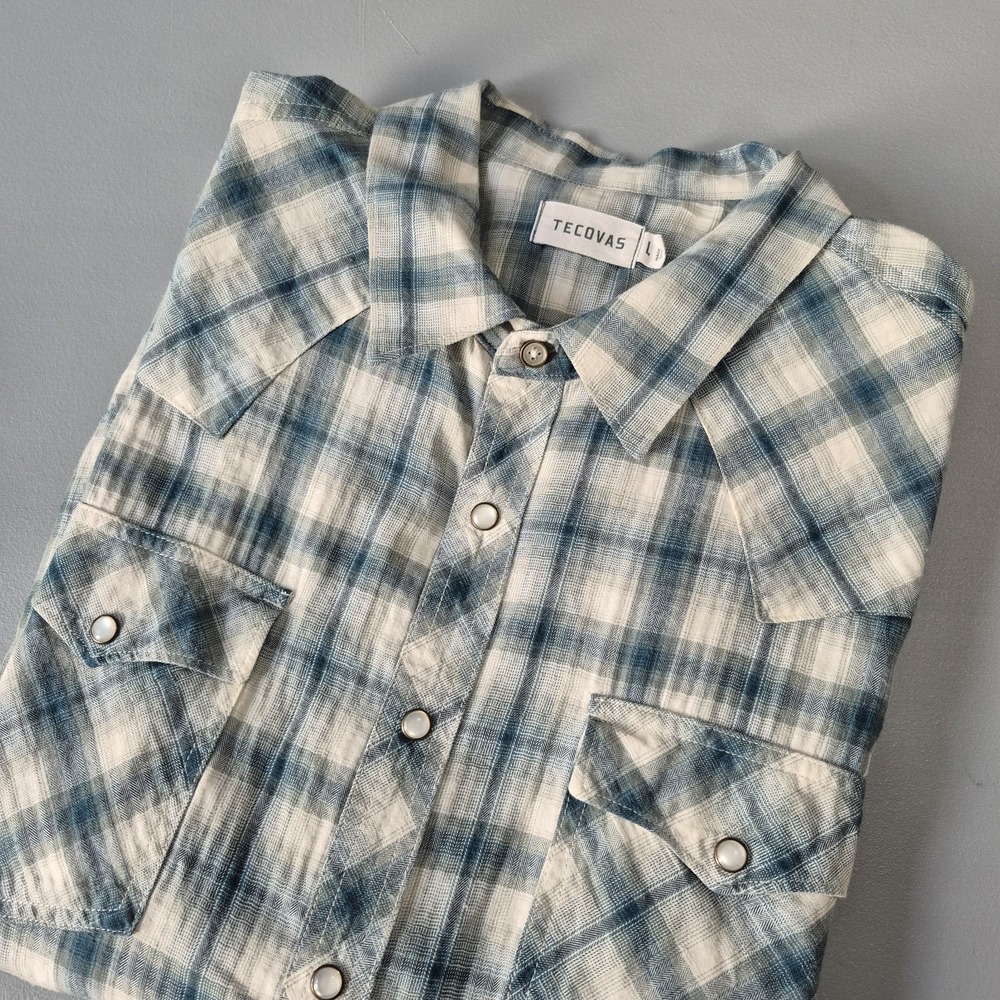 Tecovas Shirt Mens Large Teal Plaid Pearl Snap Western Cowboy Rodeo Lightweight